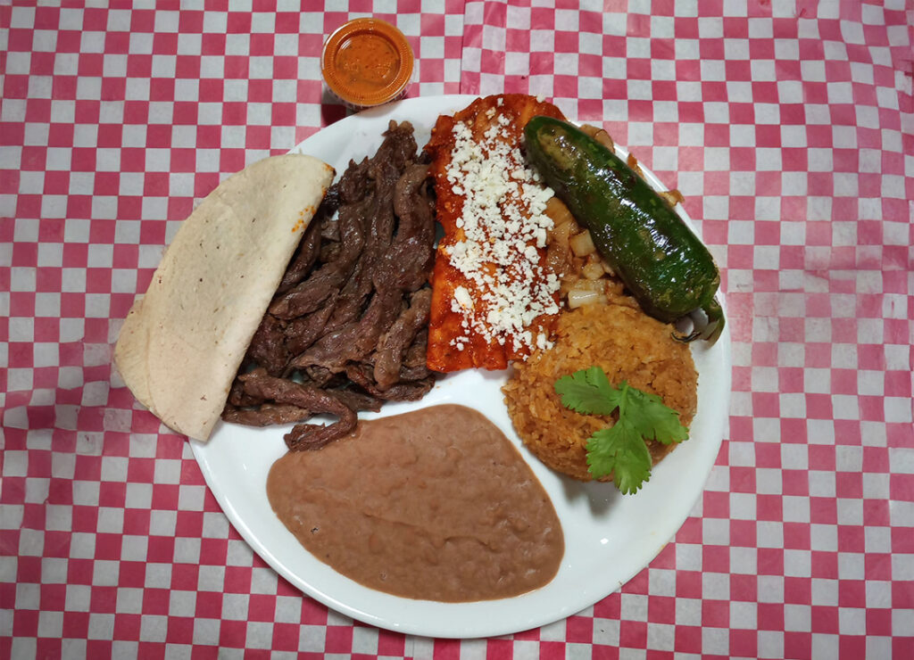 Fajita, Entomatadas, rice, refried beans, and corn tortillas